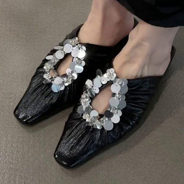 

French square head sequined hollow cool slippers, super foreign style, one pedal, slope heel temperament, silver bag head half slippers women 35