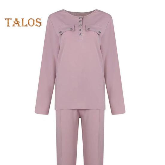 2 Teile/satz Damen Top Hosen Anzug Rundhals Langarm Einfarbig Bluse Elastische Taille Slim Fit Hose Alltagskleidung Sport Outfit Herbst Frühling