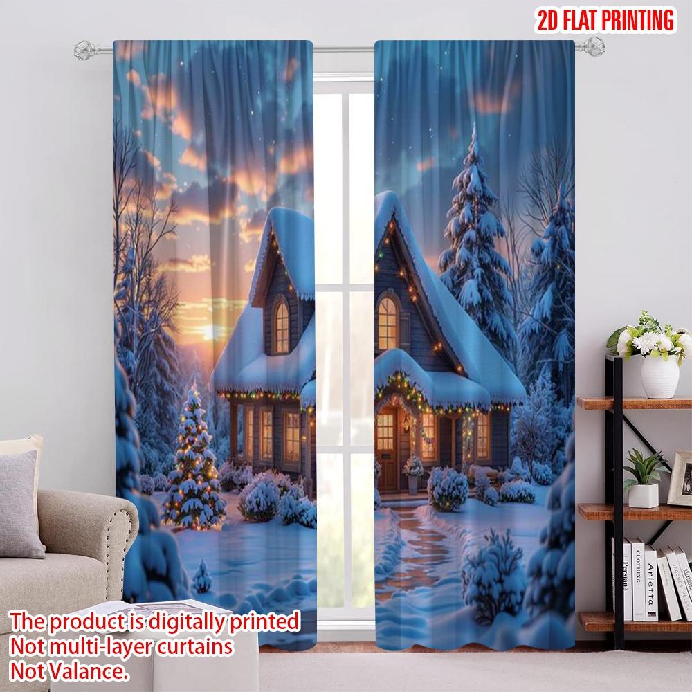 

Set Of 2 Flat Printing Merry Christmas Drapes Red Huts Snow Scenes Versatile Polyester Without Electricity Festive Curtain W100*H70(CM)-Rod Pocket&2PCS