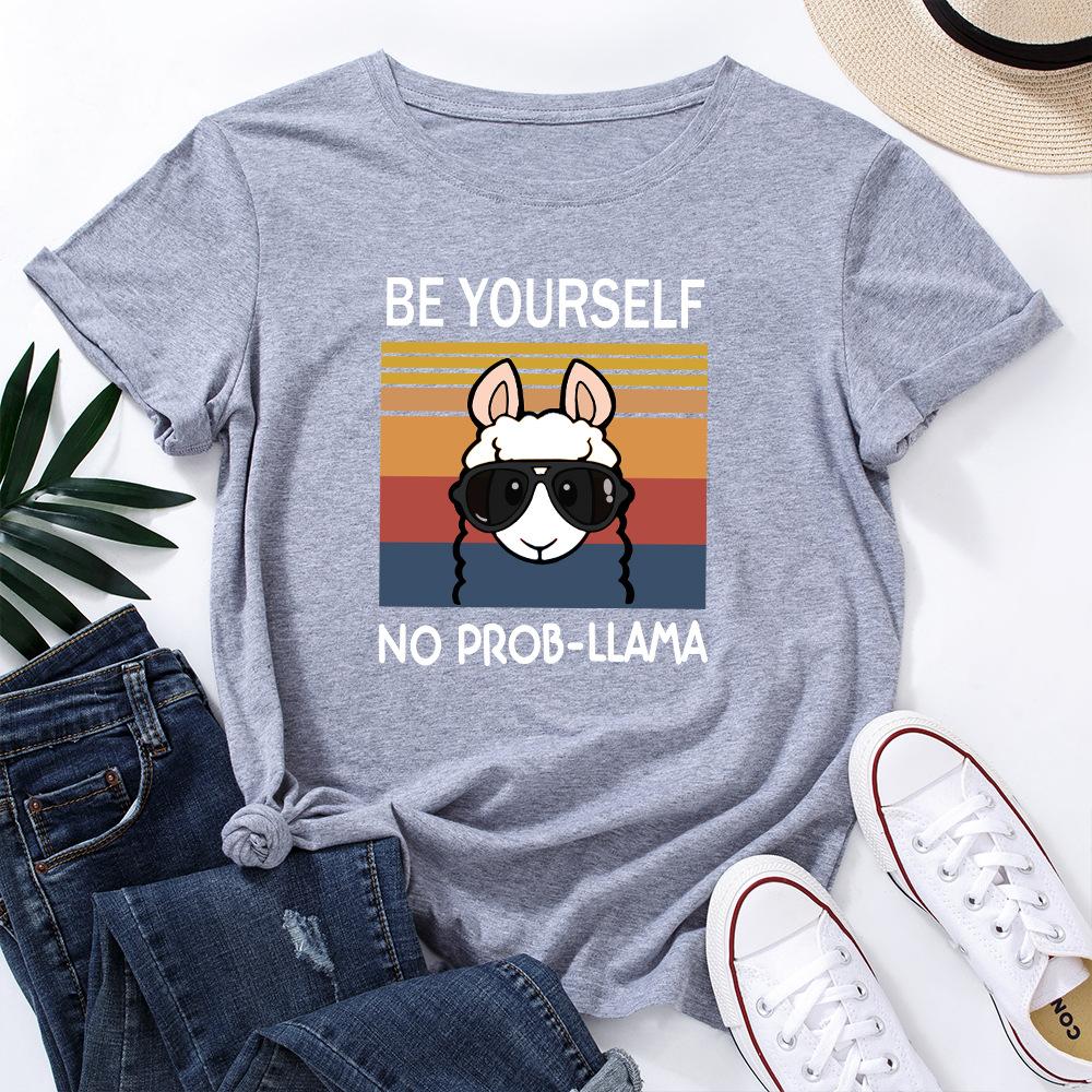 Women's Cute Alpaca Print Loose Round Neck Short Sleeved T-shirt for Women Shirt
