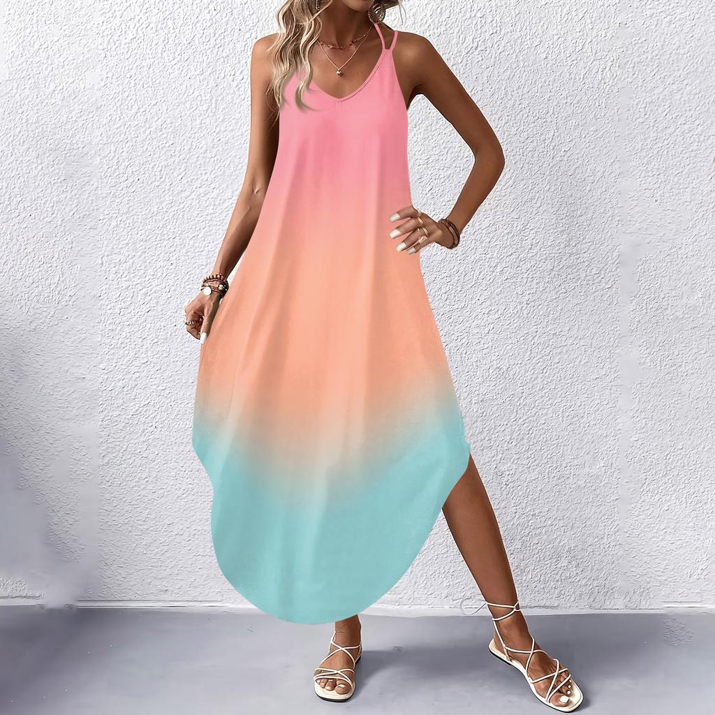 Women's Fashion Casual V-neck Sleeveless Dresses Print Dresses Beach Long Dresses