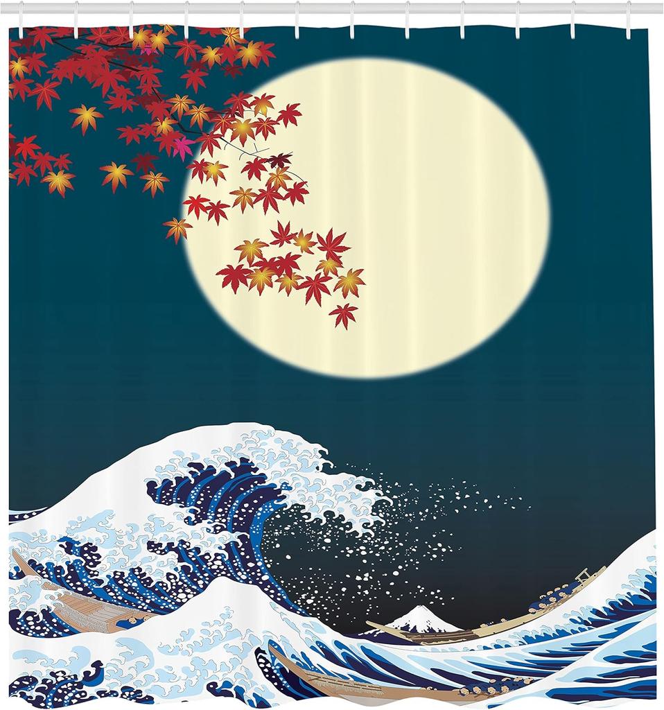 Japanese Wave Moon Shower Curtain Autumn Maple Art Traditional Japanese Bathroom Decor Linen180X230