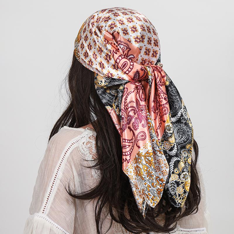 Square Silk Scarves Fashion Women Hijab Shawls Cashew Flower Print Kerchief Femme Head Scarf Foulard Bandana Beach Pareo 90*90Cm