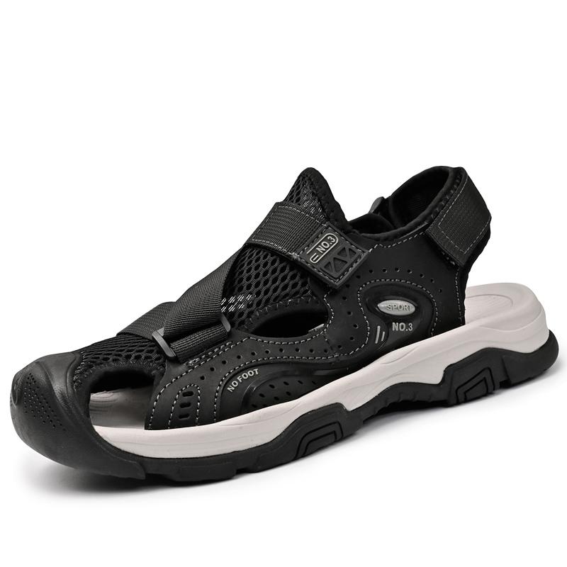 

Сандалии мужские из натуральной кожи в винтажном стиле, летняя обувь для мужчин, модные повседневные туфли на плоской подошве для отдыха на открытом воздухе, быстросохнущие, дышащие, забродные туфли 46 чёрный