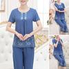 2 Pcs/Set Women T-shirt Pants Set Flower Print Round Neck Short Sleeves Elastic Waist Wide Leg Sleeping Loose Button Decor Plus Size Mom Nighty