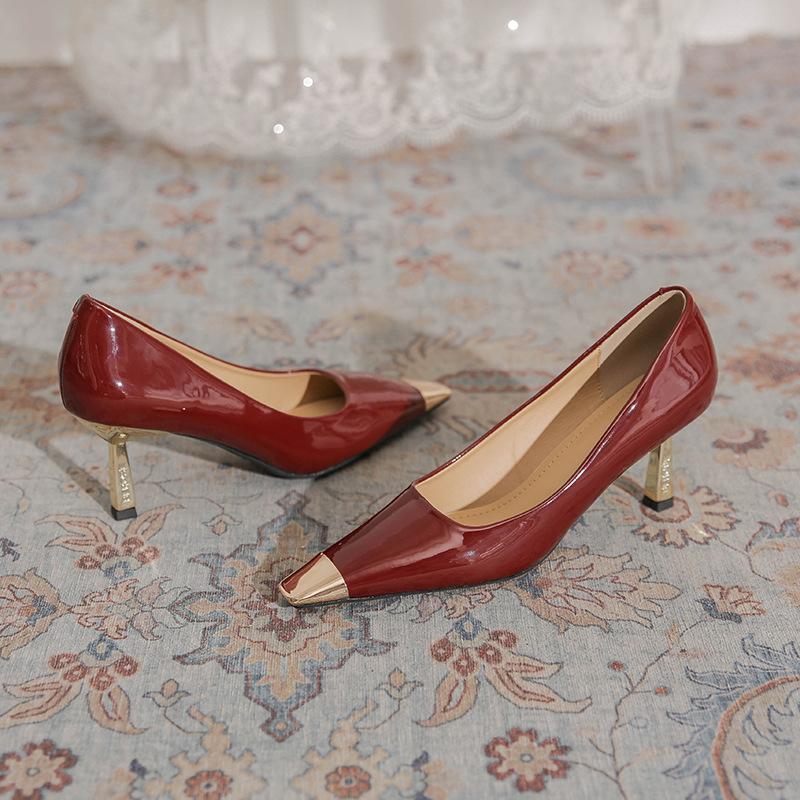 7169-1 Professional Stiletto Shoes Temperament Commuting Fashion Metal Head Social Women's Shoes Intellectual Elegance Patent Leather Shoes