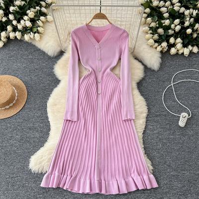 Autumn Luxury Flower Button Knitted Sweater Dresses Women V-neck Solid Long Midi Knitwear