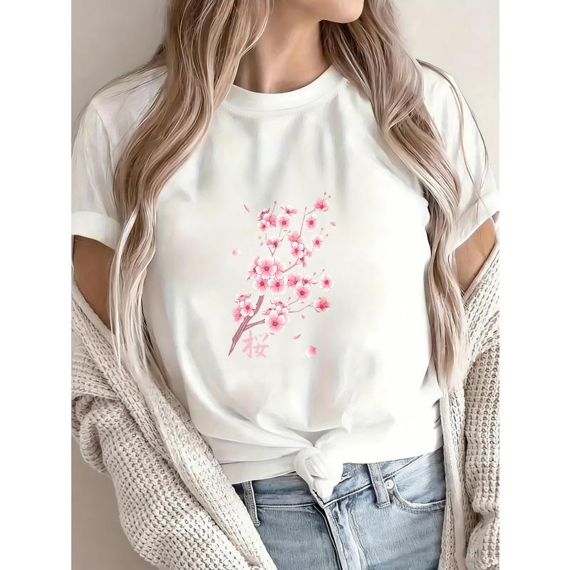 Weißes T-Shirt mit Kirschblütenprint für Damen, lässige Frühlings-Sommer-Kleidung