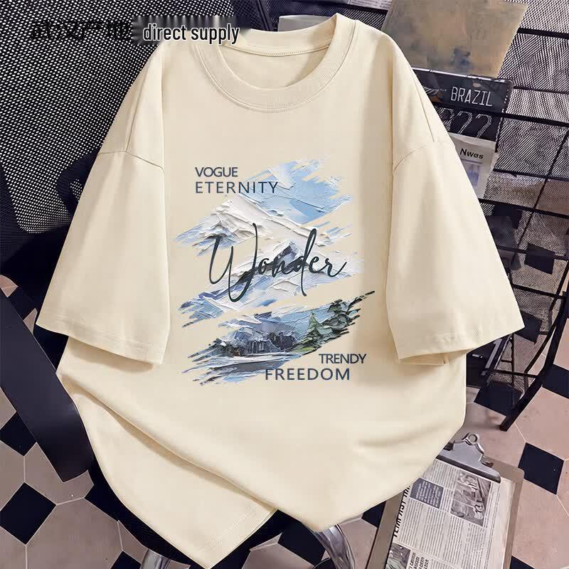 Men s Heavyweight Pure Cotton Snow Mountain Forest Graphic T-Shirt M светло-бежевый