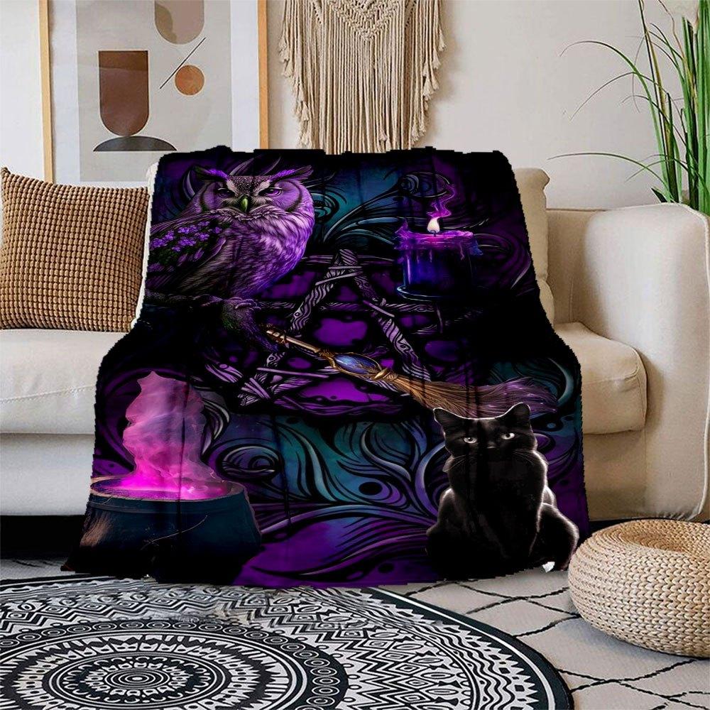 Enchanted Purple Owl & Black Cat Witch Decor Blanket Flannel Throw Blanket for Sofa, Bed, Travel, Camping, Office 100x150cm