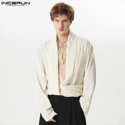 Men Deep V Neck Solid Color Long Sleeve Elegant Shirts