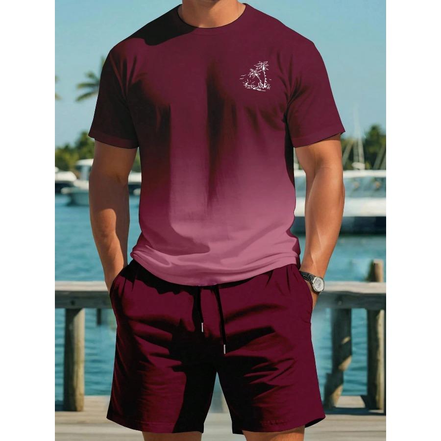 Farbverlauf Kurzarm-T-Shirt und Shorts Set Mode Hawaiianischer Urlaub T-Shirt Shorts mit Kordelzug 2-teiliges Set Herrenbekleidung