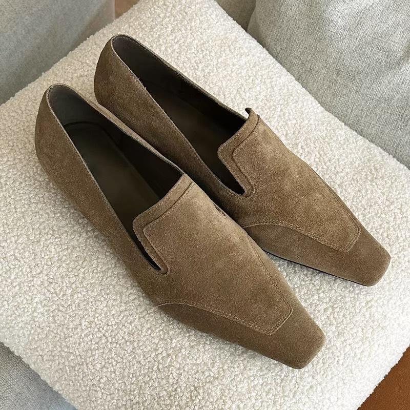 Vintage Suede Suede Niche Small Square Toe Low-heeled Flat Loafers Women's 2025 New Autumn and Winter Deep Shoes