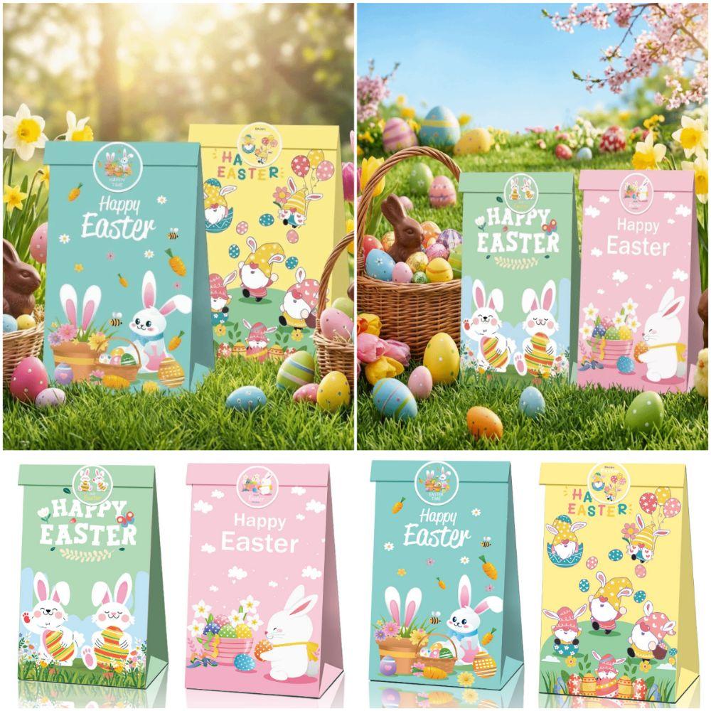12PCS Multicolor Happy Easter Gift Bags with Seal Sticker Cartoon Rabbit Flower Packaging Bag Kraft Paper Mixed Pattern