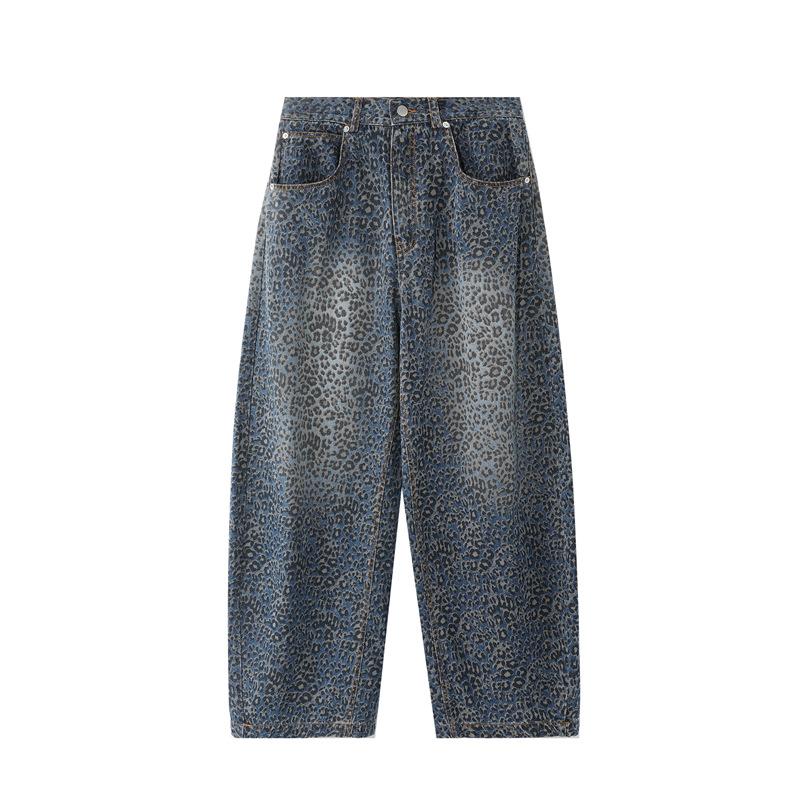 American Retro Washed Leopard Print Double Pressing Line Black Scimitar Jeans Men's Trend Wide Legs Loose Drape Old Pants