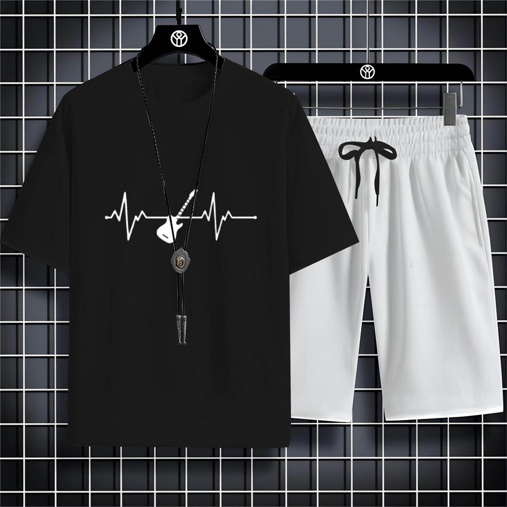 Summer 2023 Casual Outdoor Sports Style 2d Bike Print Men'S Crew Neck T-Shirt Trouser Set Loose And Comfortable Quick Dry