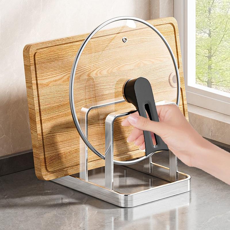 

Space-Saving Stainless Steel Pot Lid And Cutting Board Organizer Combo - Heavy-Duty Countertop Rack, Kitchen Organizer onesize