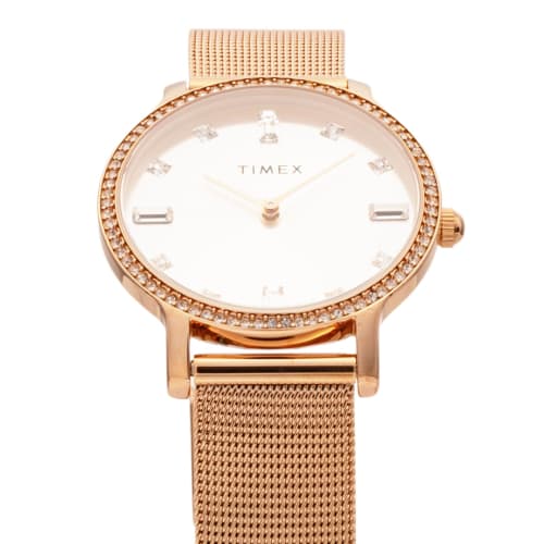 TIMEX Transcend Watch, 34mm, Silver Dial, Brass, Mineral Glass, Quartz Movement, American Brand, TW2W19200, Unisex, Pink Gold