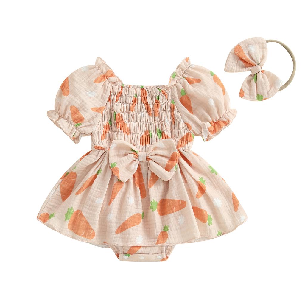 Baby Mädchen Ostern Strampler Kleid Hase Gedruckt Kurze Puffärmel Gesmokter Jumpsuit mit Schleifen-Stirnband