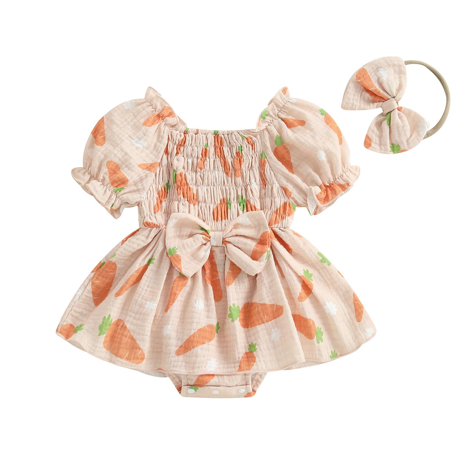 

Пасхальное платье-комбинезон для девочек с принтом кролика, короткими рукавами-фонариками, присборенным комбинезоном с бантом на голове 3-6 Months