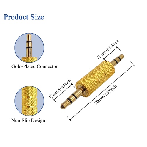 Voluty Tek 3.5mm To 3.5mm Male-Male Audio Headphone Adapter, Gold-Plated 1/8" Stereo Coupler Connector for Speakers, MP3 Players, Pack of 2