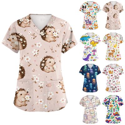 Top de trabajo casual para mujer con estampado de animales lindos, manga corta, cuello en V y bolsillo