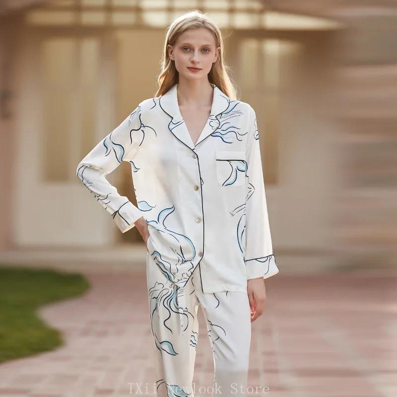 Newlook Fashion Comfortable Pajamas Women's High-end Sense  Style Lapel Spring and Summer Long Sleeve Home Suit