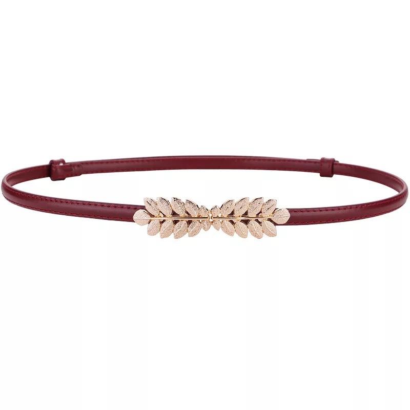 

Meier Top-grain leather slim waist belt with leaf buckle detail, trendy skinny belt for dresses, red 80-100cm бордовий