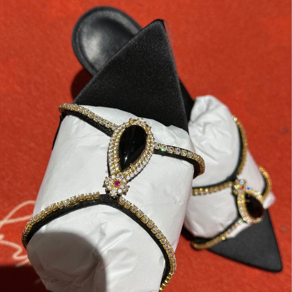 [Spot] New Gem Pointed Thin Heel Sandals Women's Open Toe with Rhinestone Slippers To Wear High-end Sense