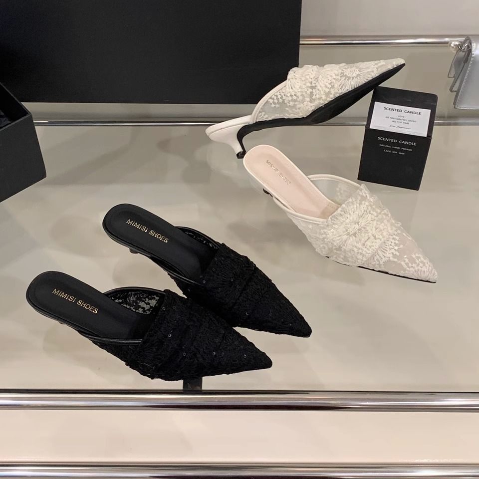 French temperament one-pedal mesh lace bag head half-support sandals 2025 new outer wear celebrity stiletto women's slippers