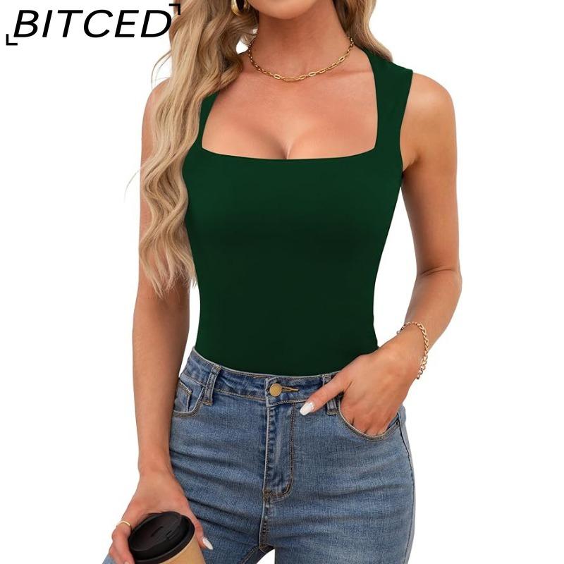BITCED Women's Summer Square Neck Sleeveless Double-Layer Tank Top Basic Fitted T-Shirt