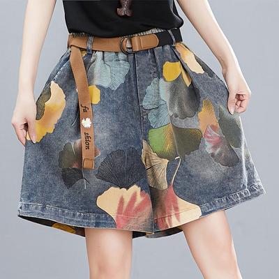 Damen Kurz Übergröße Blumendruck Vintage Weites Bein Büro Dame Lässig Trendig Streetwear Elastische Taille Locker Denim Kurz