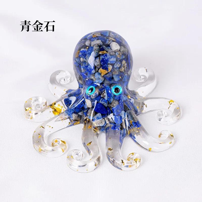 Natural Crystal Gravel Miniature Octopus Statue Chinese Lucky Feng Shui Ornament Resin Squid Home Tabletop Landscape Ornaments