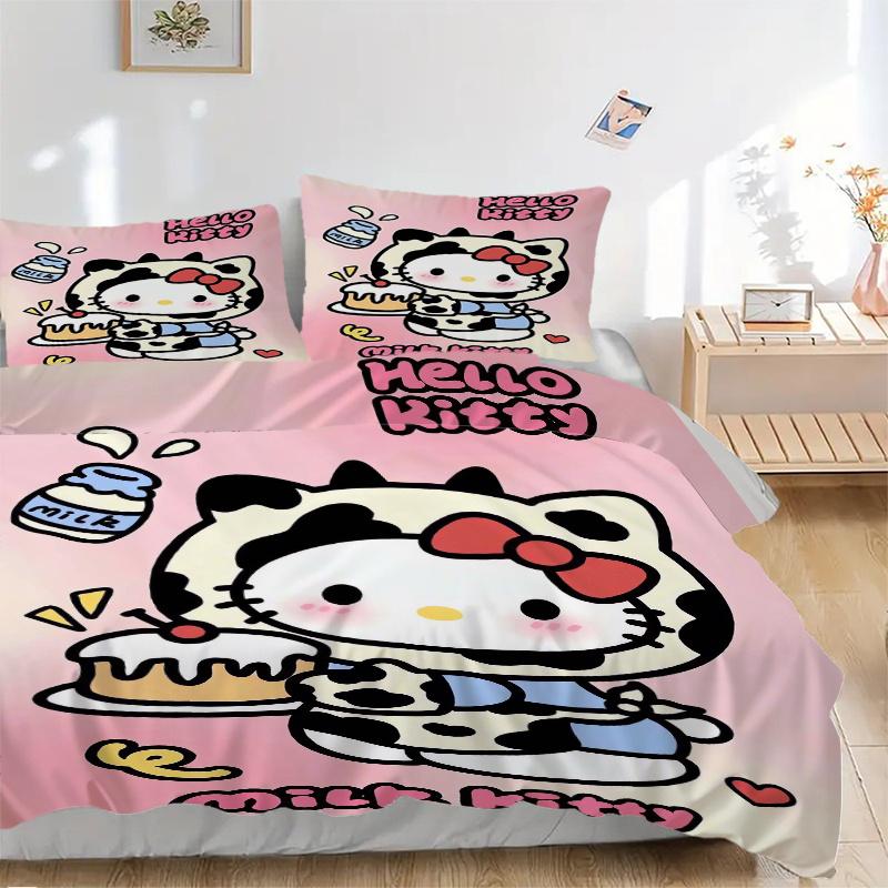 3pcs Milk Hello Kitty Printed Duvet Cover Set (1 * Cover+2 * Pillowcase, Without Core), Suitable for Home Bedroom, Guest Room, Dormitory Decorati