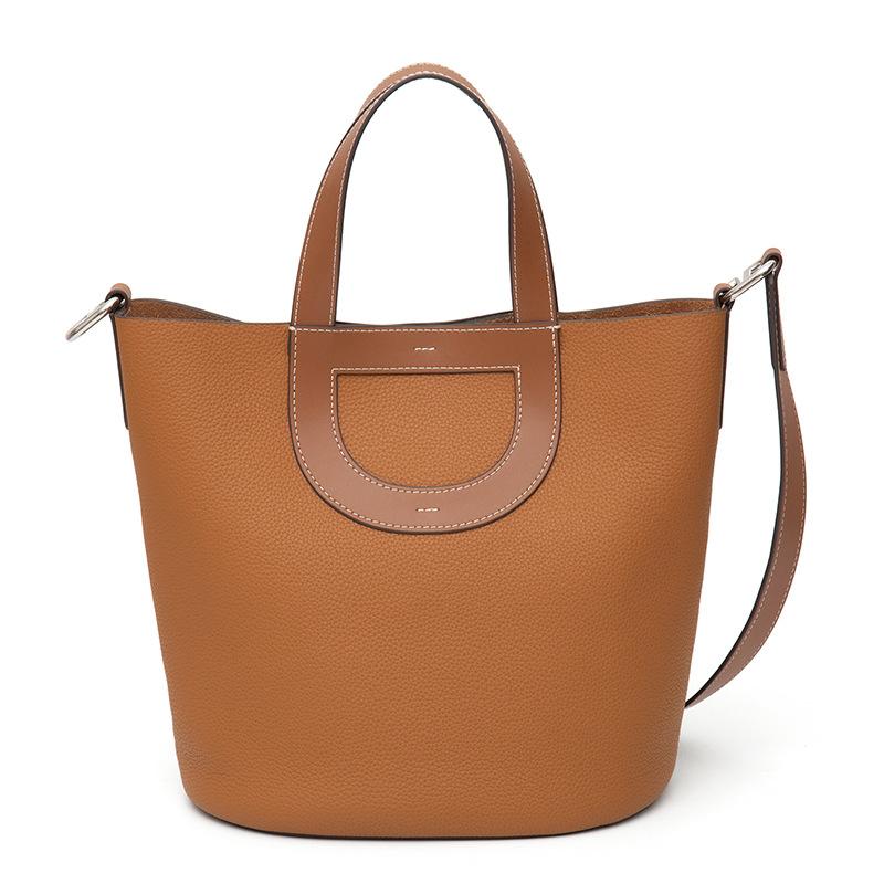 

Жіноча жіноча сумка з коров ячої шкіри першого шару Модна портативна сумка-відро великої місткості через плече large (length 23x thickness 16x height 24cm) золотий коричневий колір