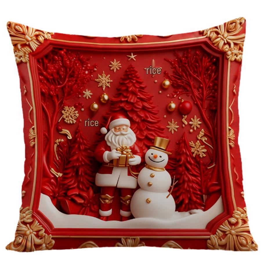 Красная Рождественская Декоративная Наволочка со Снеговиком, Оленем и Елкой 45x45 cm