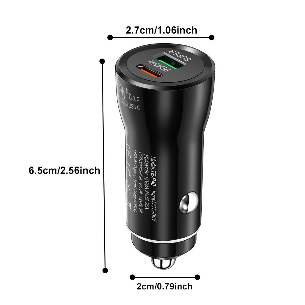 QC3.0 45W Car Charger USB Type C Dual Port Fast Charging Car Power Adapter Universal Phone For Samsung For iPhone Series ect.