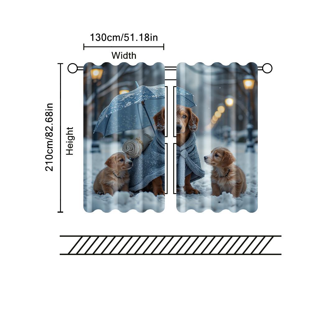 2 pcs, filtering curtains (excluding rods, non-movable, without batteries) a family of puppies in the snow for use in bedrooms