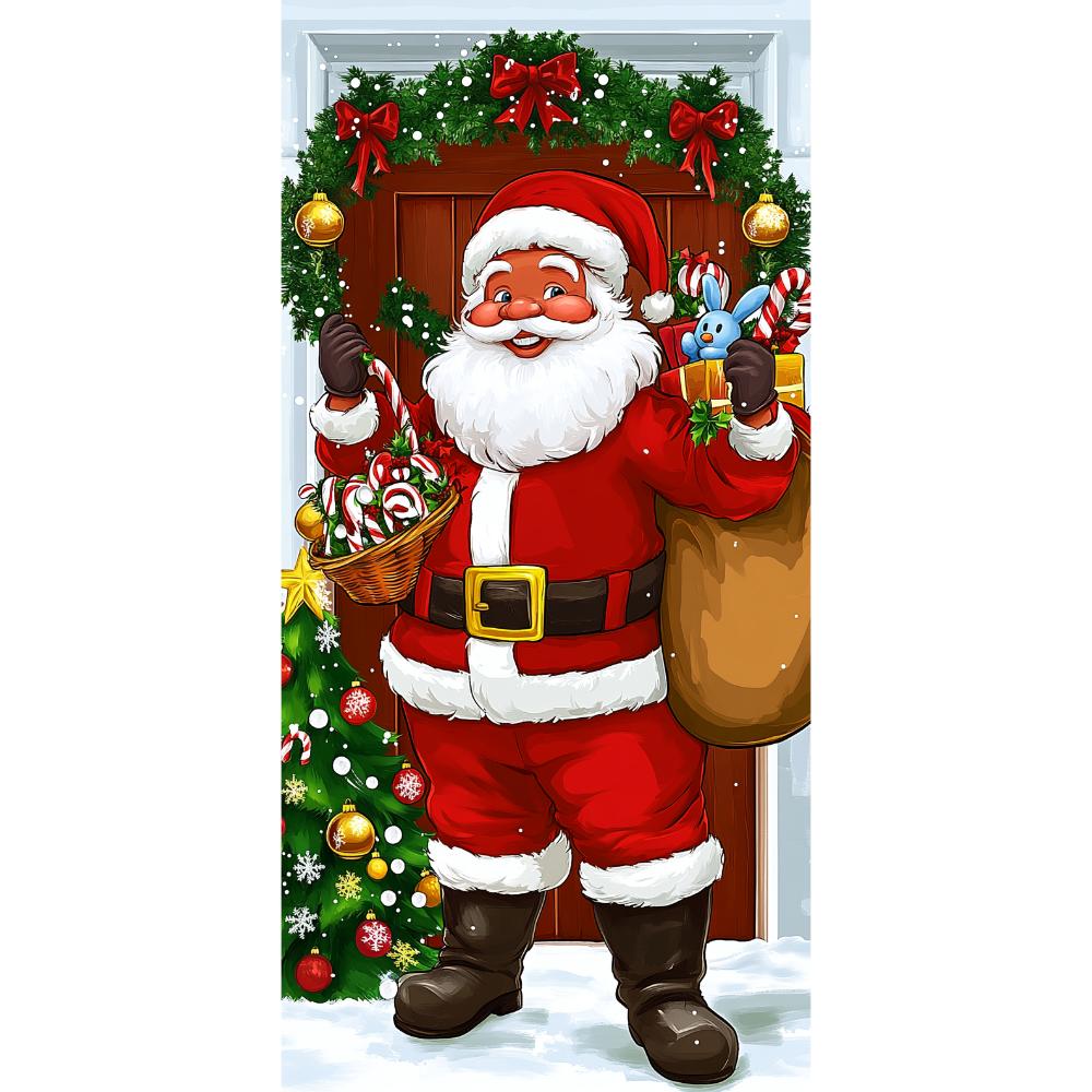 Santa Claus Open The Door Banner Door Cover Decoration Polyester Merry Christmas Winter New Year Holiday Photo Booth Navidad