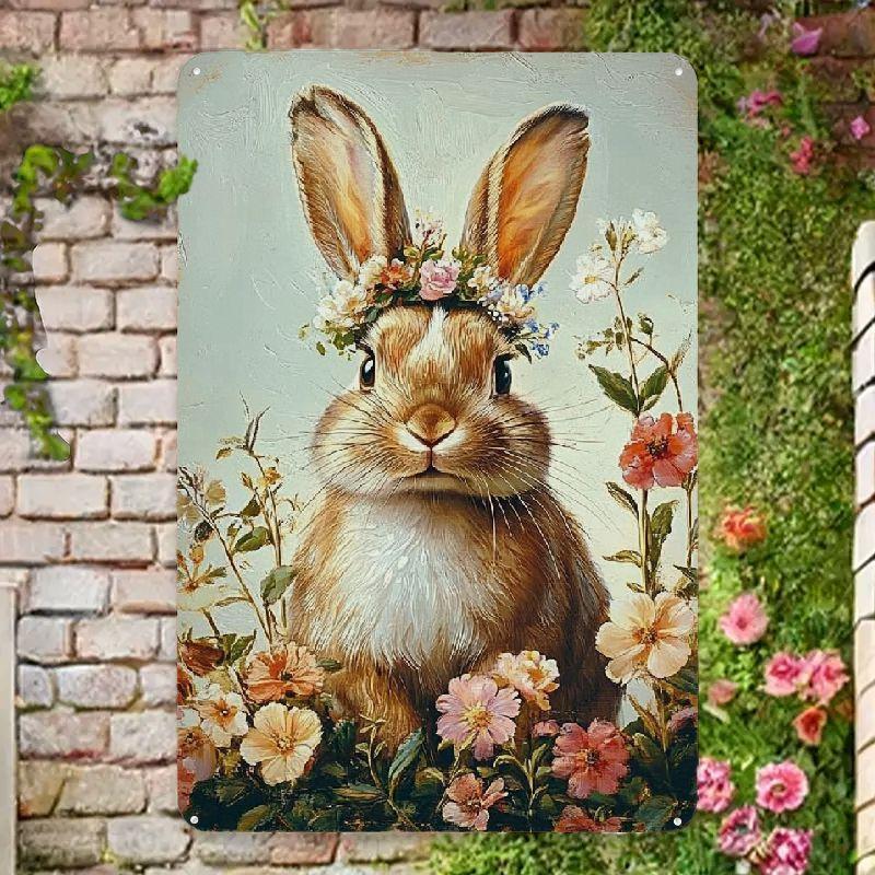 x Inch Vintage Wreath Bunny Iron Sign Rustic Easter Wall Decor Bar Kitchen Garage