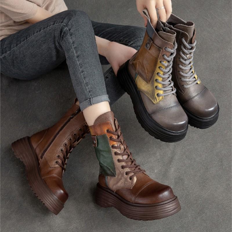 Johnature Damenstiefel mit dicker Sohle, echtes Leder, Retro-Stil, runde Zehenpartie, seitlicher Reißverschluss, gemischte Farben, Plateauschuhe