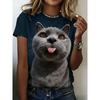 Ladies Cartoon Cat 3D Print Short Sleeve T‑Shirt Crew Neck Tee Casual Streetwear Loose Sport Jersey Tops