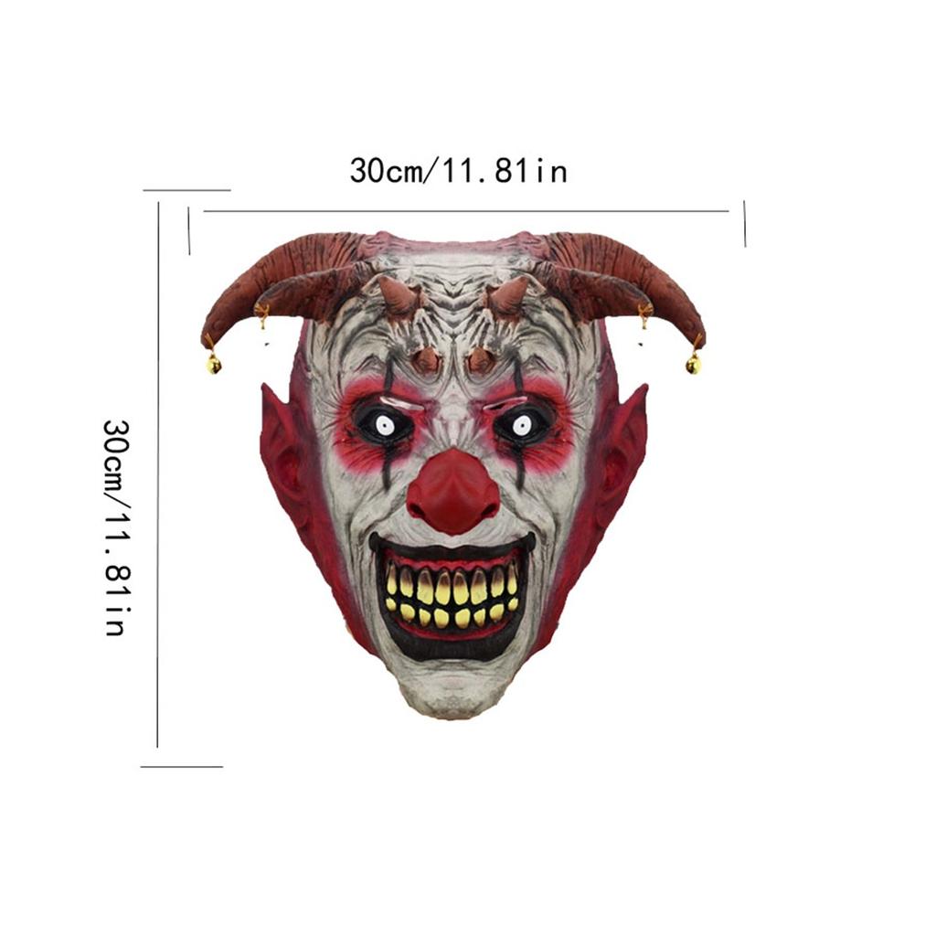 Hororová démonická klaunská latexová maska, se zvonky a rohy pro halloweenský cosplay kostým, párty oslavu, taneční akci s líčením