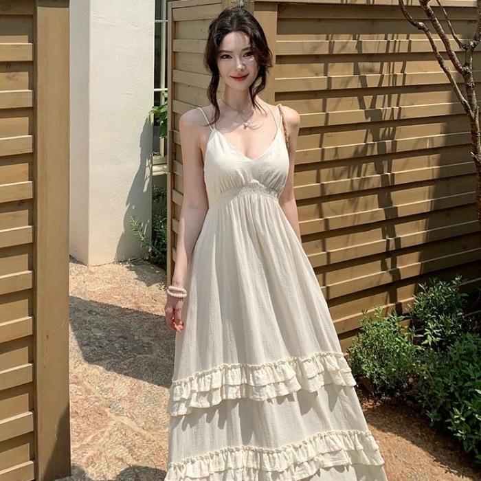 

Holiday dress women s summer seaside halter solid color long dress beautiful beach travel photo thin temperament dress 2XL абрикосовий