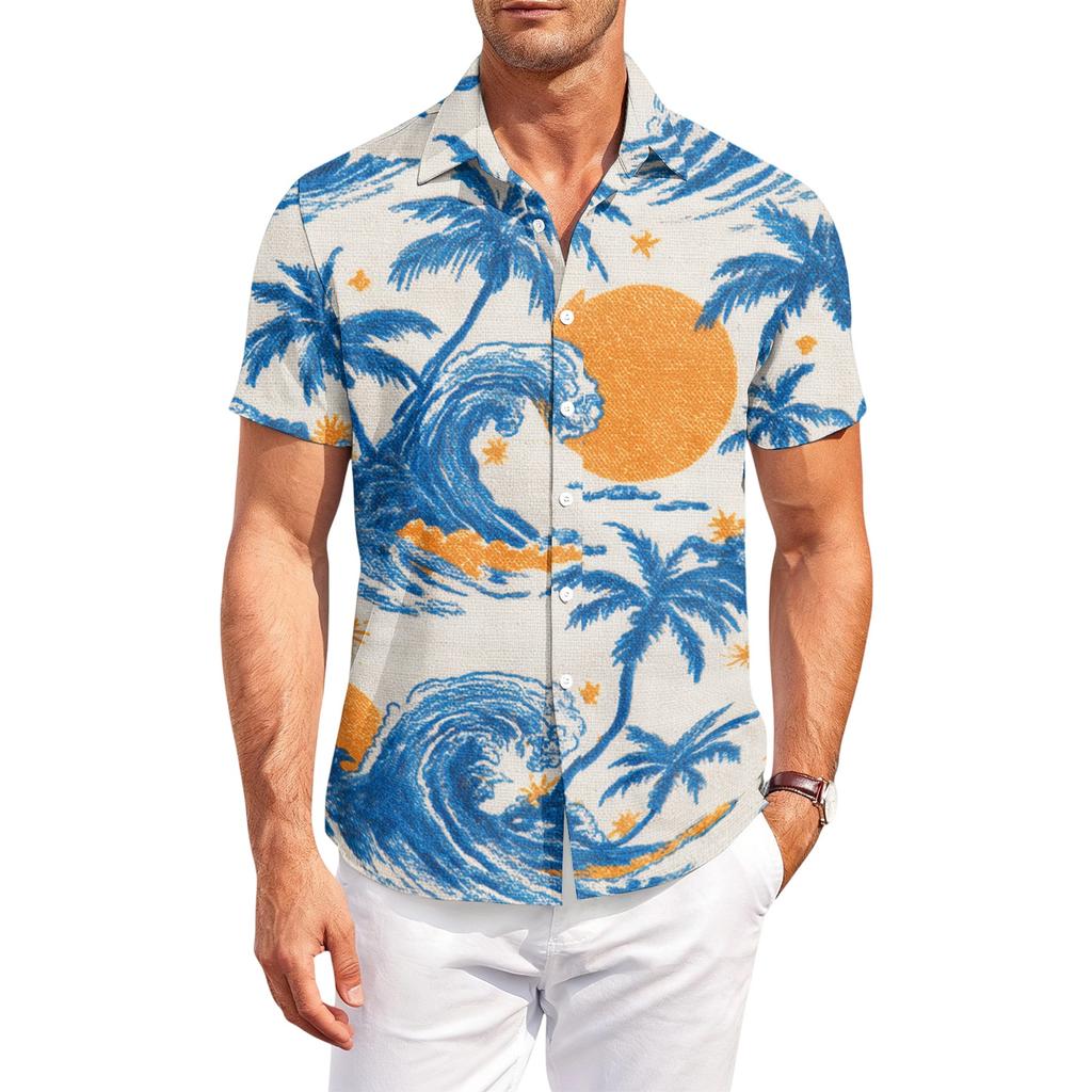 Men Short Sleeve Button Down Shirt Hawaiian Floral Print Collared Casual Outdoor Relaxed Fit Lightweight Top