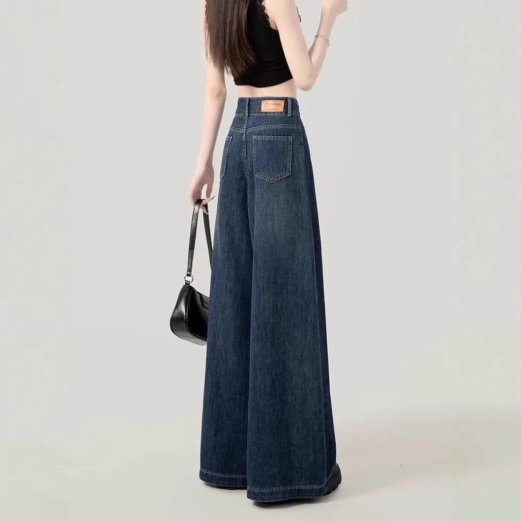 Women's Dark Blue Wide-Leg Jeans - Autumn Loose Fit, Slimming, Floor-Length, Plus-Size Velvet Pants