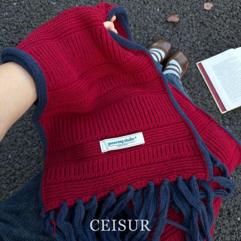 2025 Autumn/Winter Red Tassel Knitted Scarf: Women's Versatile High-End Whitening Neck Warmer & Shawl, Ideal Christmas Gift.