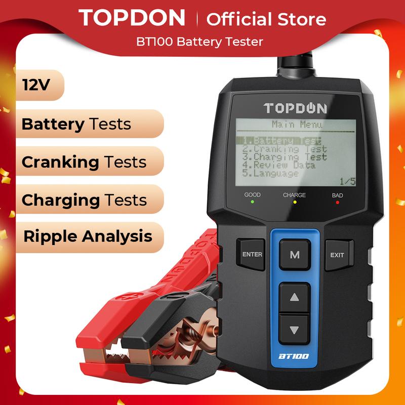 TOPDON BT100 12V Car Battery Tester Digital Automotive Diagnostic Battery Tester Analyzer Vehicle Cranking Charging Scanner Tool BT100