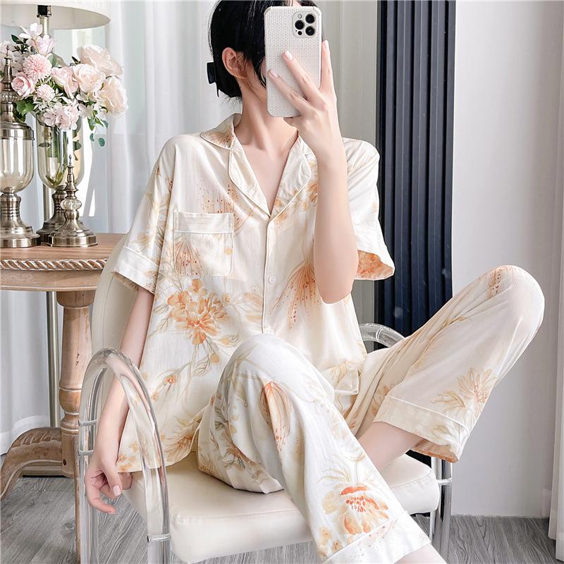 Korean version of sweet girl short-sleeved pajamas women's spring summer cotton and silk shirt collar can be worn outside loungewear princess