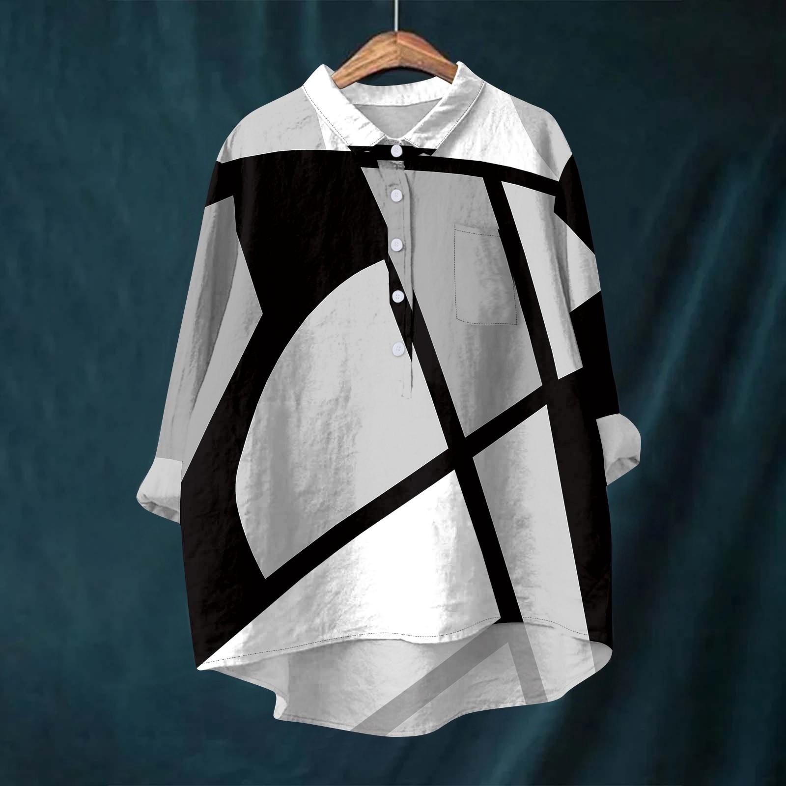 

Жіноча блуза-сорочка з довгими рукавами та принтом на ґудзиках, повсякденний поділ, верх із нестандартним коміром сорочки XXXL